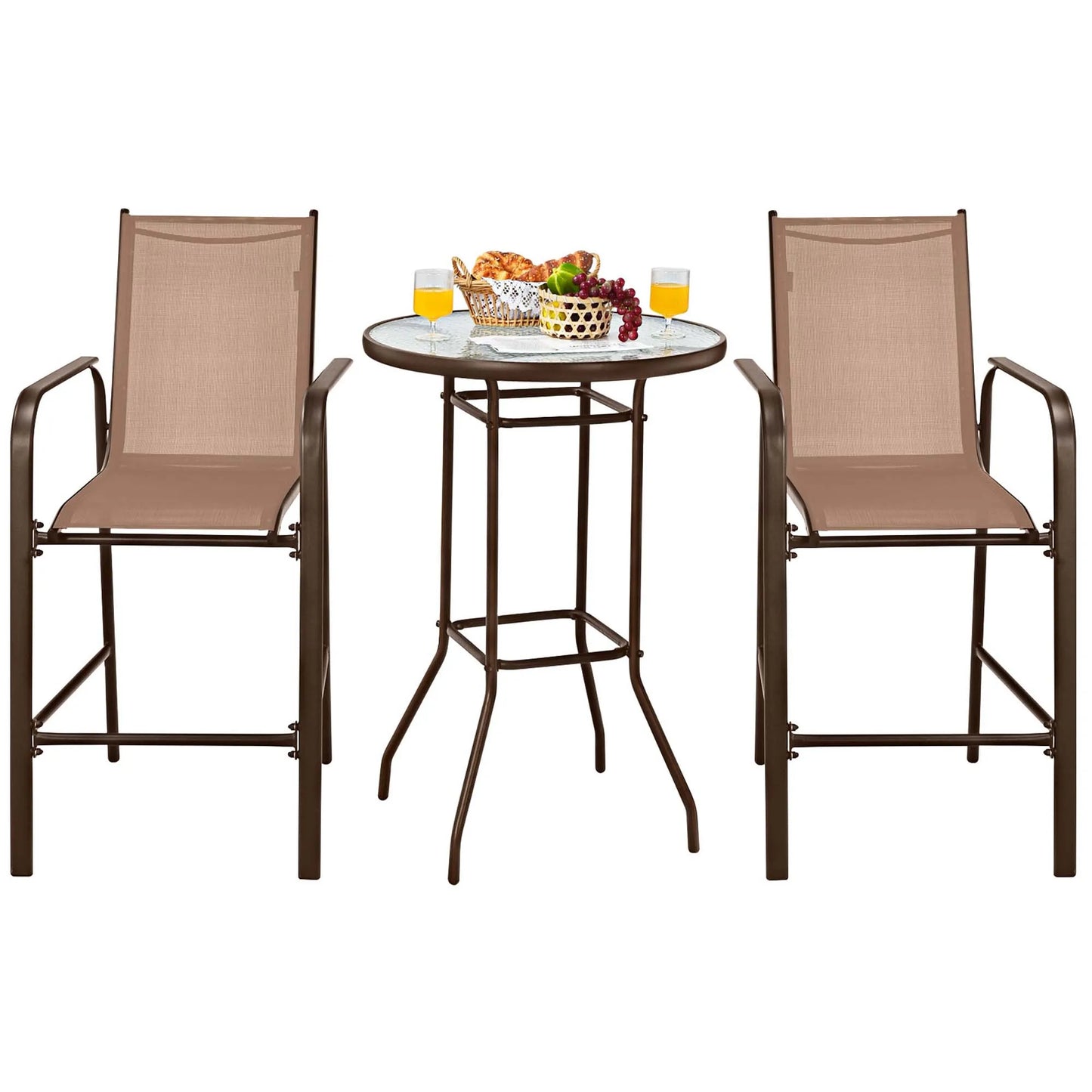 3 PCS Outdoor Patio Bar Table Stool Set Height Tempered Glass Top
