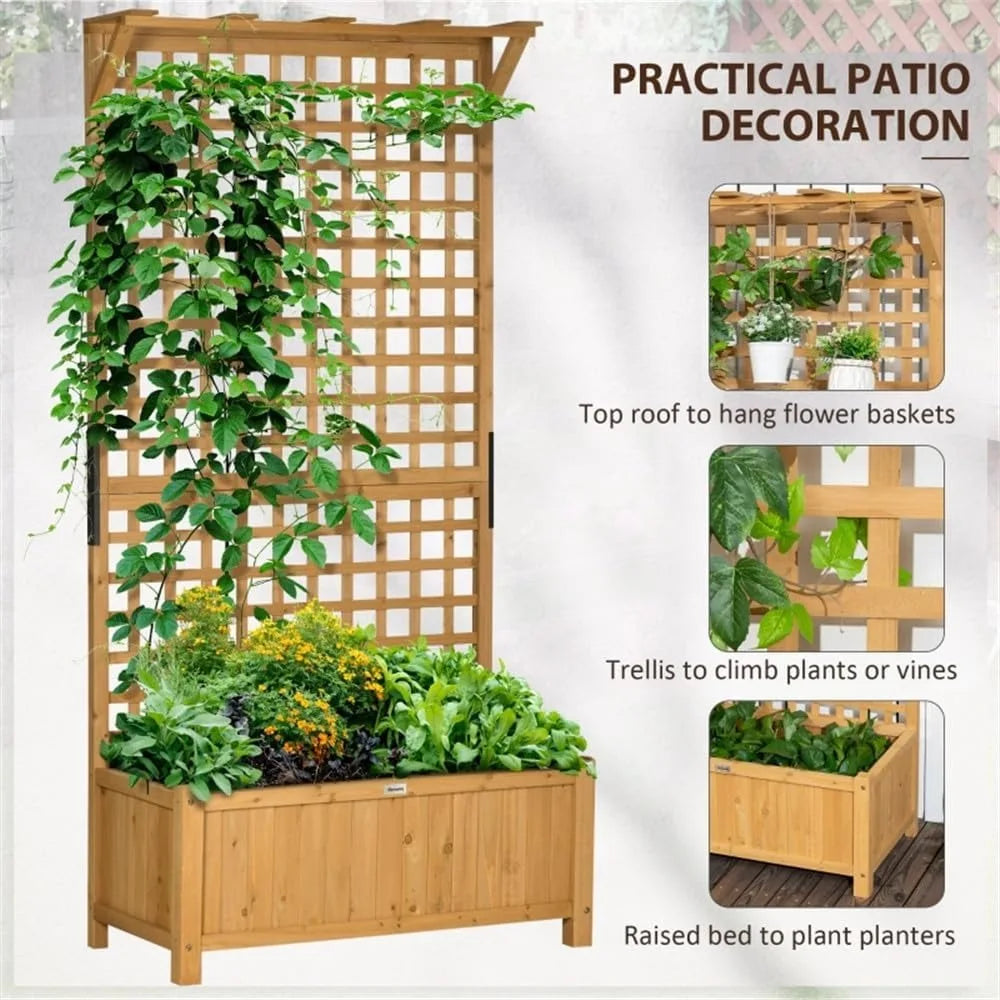 Planter Box with Trellis 72 Inch Tall, Standing Fir Wood Garden Bed Outdoor for Flowers, Climbing Plants, Balcony and Patio Deco