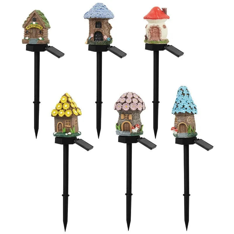 2025 New Cartoon Anime Resin Creative Mushroom House Outdoor Waterproof Ground Light Solar Garden Landscape Light