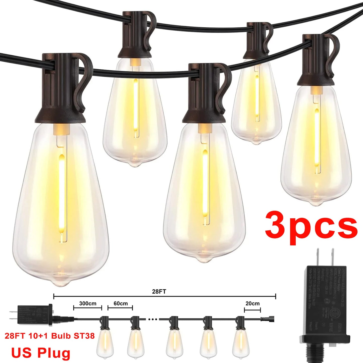 1/2/3pcs 28FT ST38 String Lights Outdoor, US Plug 10+1 LED Patio Lights Fairy Garden Lamp For Home Xmas New Year Party Halloween