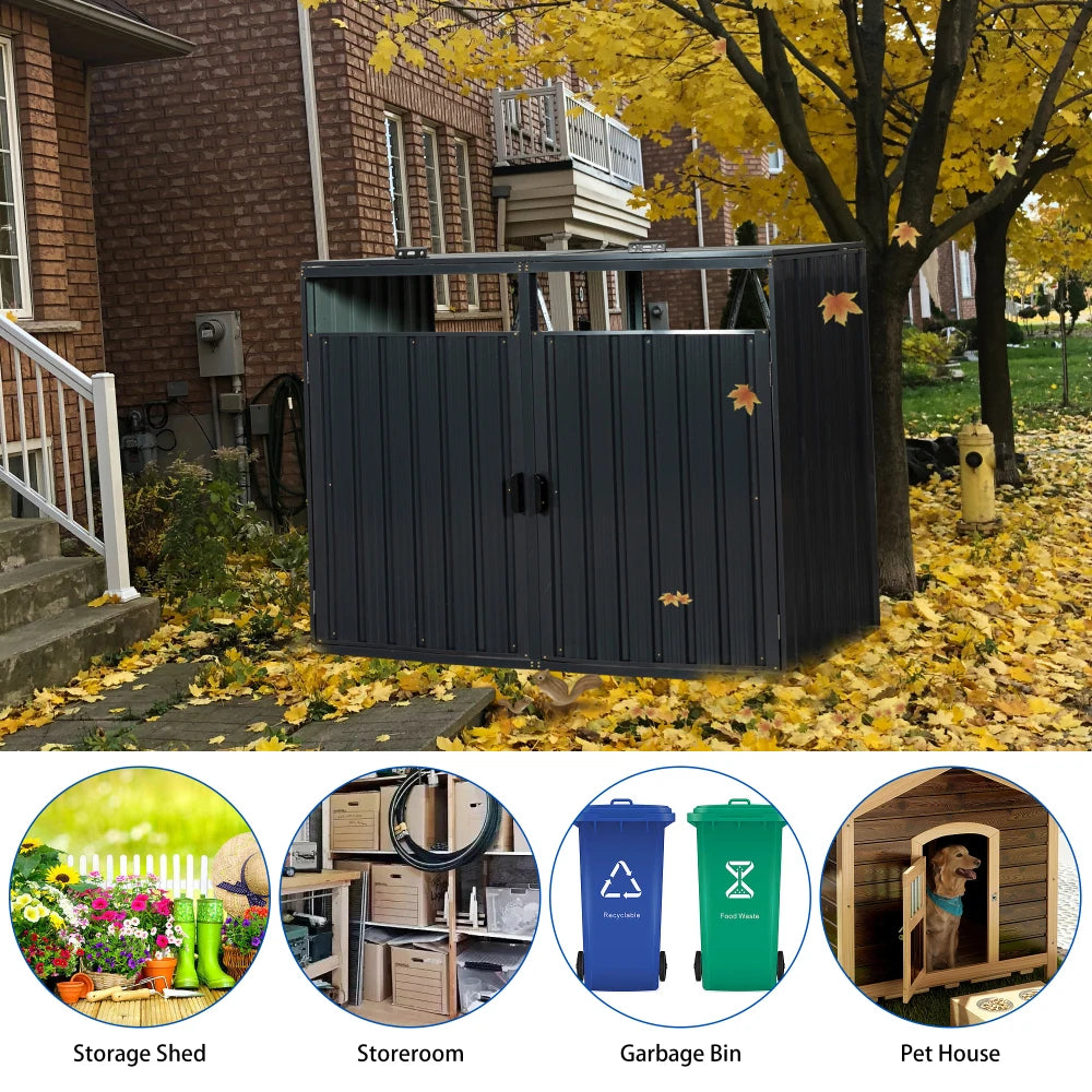 Garbage Bin Shed Stores 2 Trash Cans Metal Outdoor Bin Shed for Garbage Storage,Stainless Galvanized Steel, Bin Shed for Lawn
