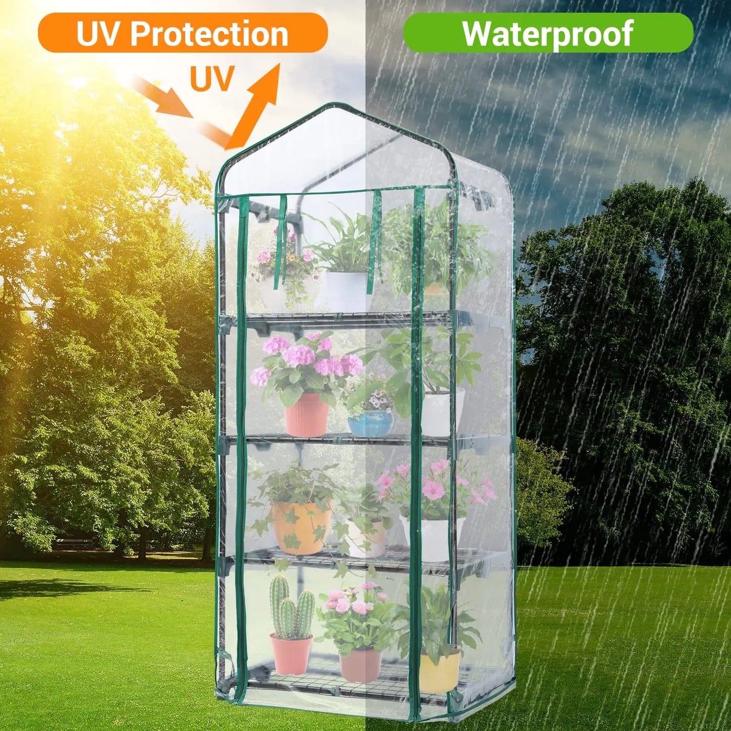 Ohuhu Mini Greenhouse for Outdoors Indoor with 4 Tier Shelves Heavy Duty Transparent PVC Cover Portable Plastic Greenhouses