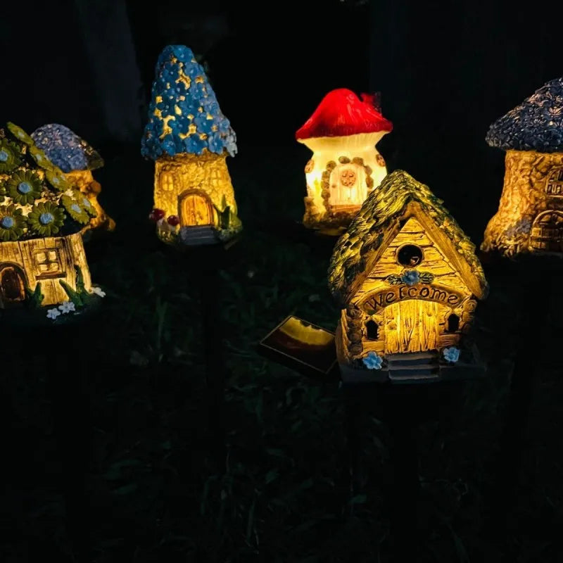 2025 New Cartoon Anime Resin Creative Mushroom House Outdoor Waterproof Ground Light Solar Garden Landscape Light