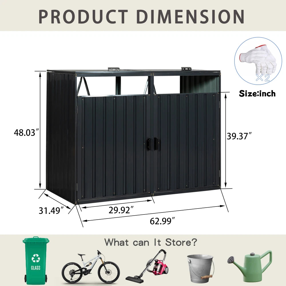 Garbage Bin Shed Stores 2 Trash Cans Metal Outdoor Bin Shed for Garbage Storage,Stainless Galvanized Steel, Bin Shed for Lawn