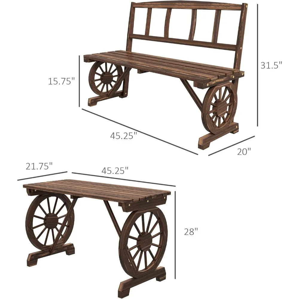 Outdoor Table and Chairs for 4 People, Wooden Patio Table and Dining Bench Set, 3 Piece All Weather Furniture Set