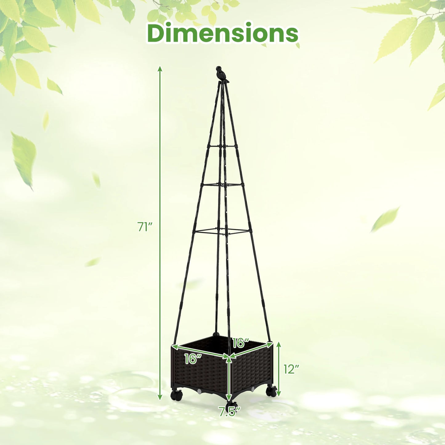 Raised Garden Bed w/ Plant Box & Obelisk Trellis Lockable Wheels Cage Planter