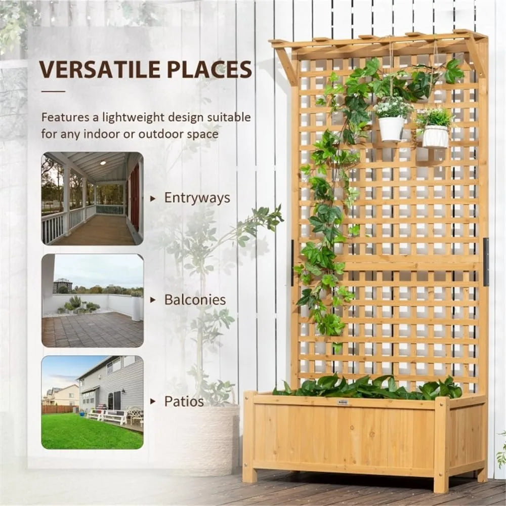 Planter Box with Trellis 72 Inch Tall, Standing Fir Wood Garden Bed Outdoor for Flowers, Climbing Plants, Balcony and Patio Deco