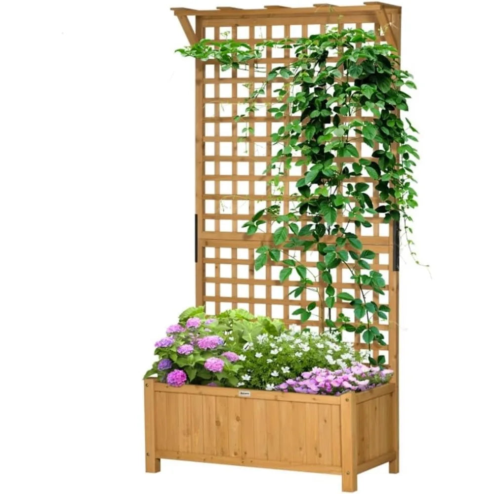 Planter Box with Trellis 72 Inch Tall, Standing Fir Wood Garden Bed Outdoor for Flowers, Climbing Plants, Balcony and Patio Deco