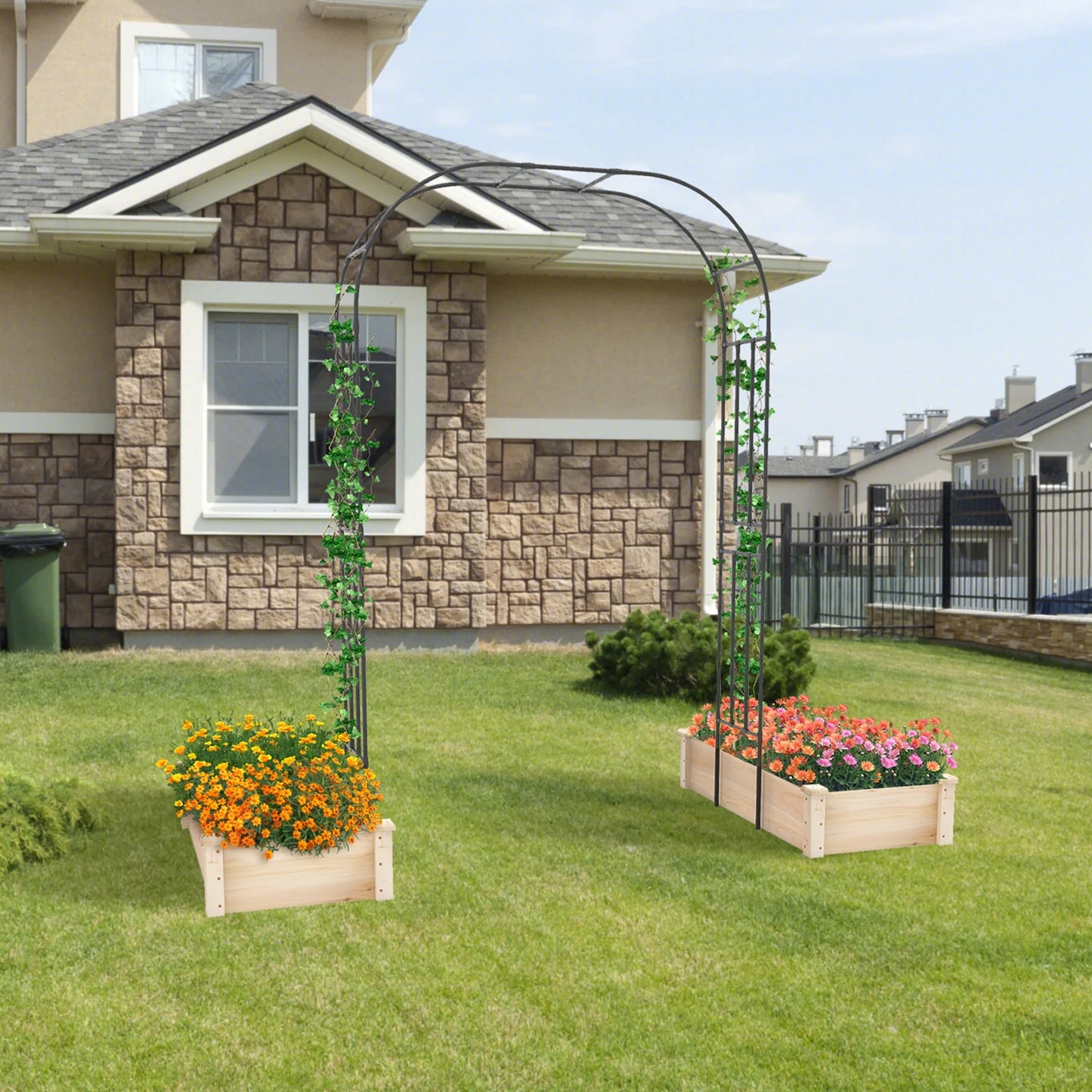 95" Garden Arch Trellis w/PE Wrapped Metal Pipes Ground Stakes Spiral Rods Design