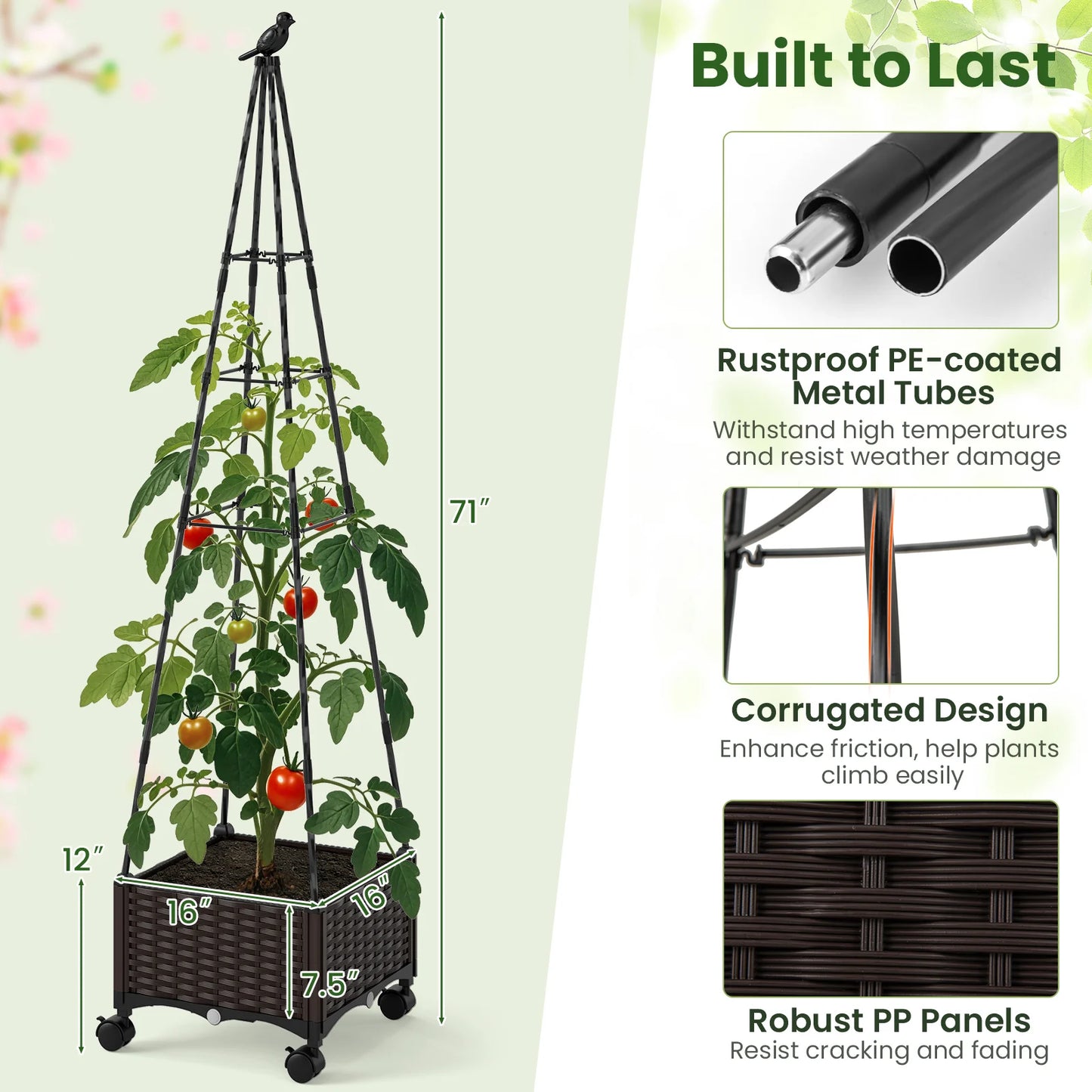 Raised Garden Bed w/ Plant Box & Obelisk Trellis Lockable Wheels Cage Planter
