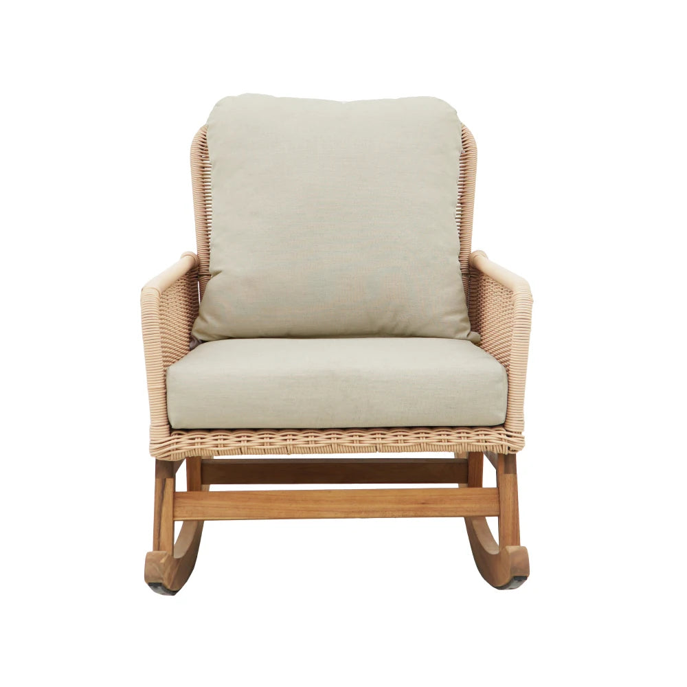 Modern 3-Piece Outdoor Seating Set with Beige Cushioned PE Rattan Rocking Chairs and Wooden Accent Table, Perfect for Patio