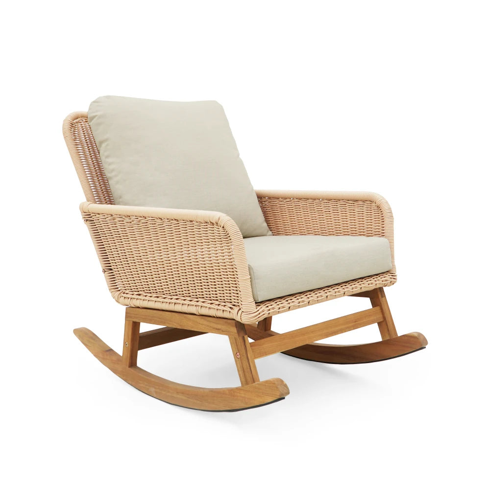 Modern 3-Piece Outdoor Seating Set with Beige Cushioned PE Rattan Rocking Chairs and Wooden Accent Table, Perfect for Patio