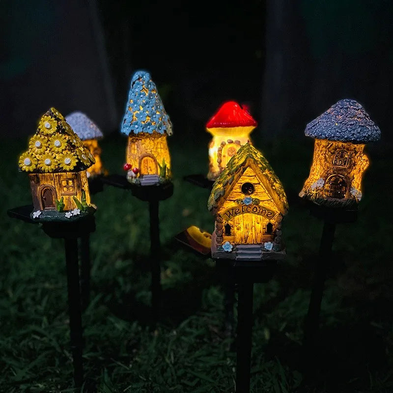2025 New Cartoon Anime Resin Creative Mushroom House Outdoor Waterproof Ground Light Solar Garden Landscape Light