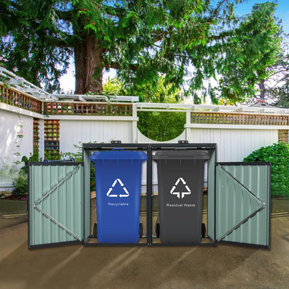 Garbage Bin Shed Stores 2 Trash Cans Metal Outdoor Bin Shed for Garbage Storage,Stainless Galvanized Steel, Bin Shed for Lawn