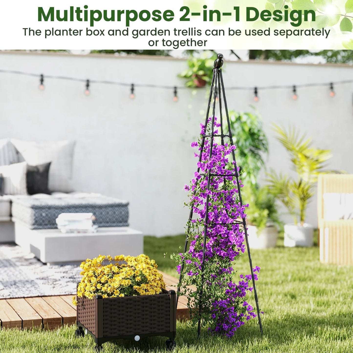 Raised Garden Bed w/ Plant Box & Obelisk Trellis Lockable Wheels Cage Planter