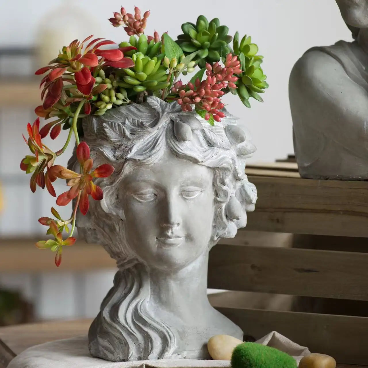 Cement Woman Bust Wall Planter - Indoor Outdoor Home Garden Decor Cement Pot for Plant Flower 8" x 9" x 11.5"