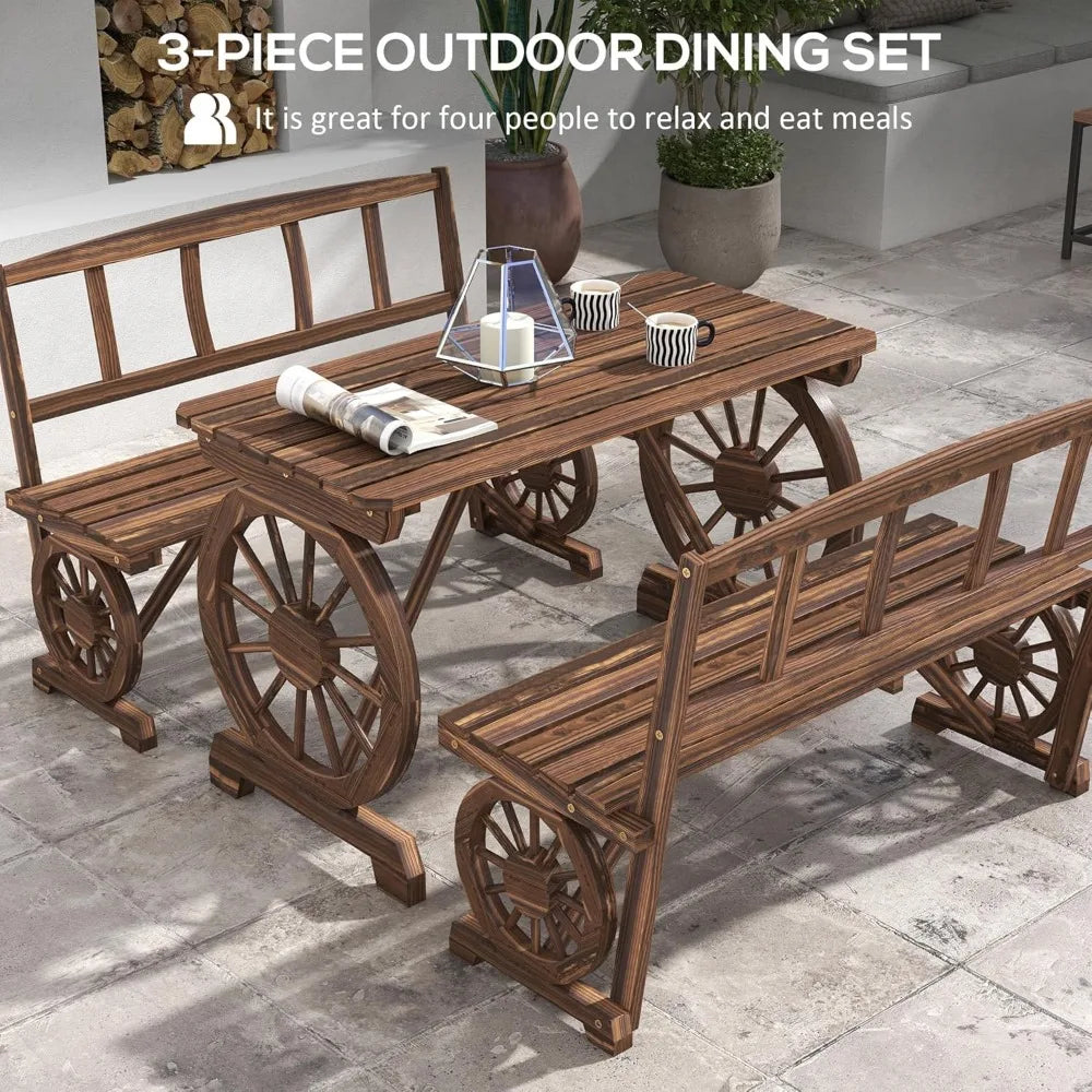 Outdoor Table and Chairs for 4 People, Wooden Patio Table and Dining Bench Set, 3 Piece All Weather Furniture Set