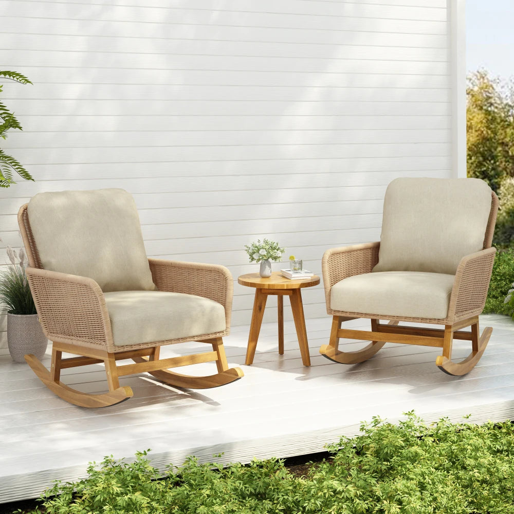 Modern 3-Piece Outdoor Seating Set with Beige Cushioned PE Rattan Rocking Chairs and Wooden Accent Table, Perfect for Patio