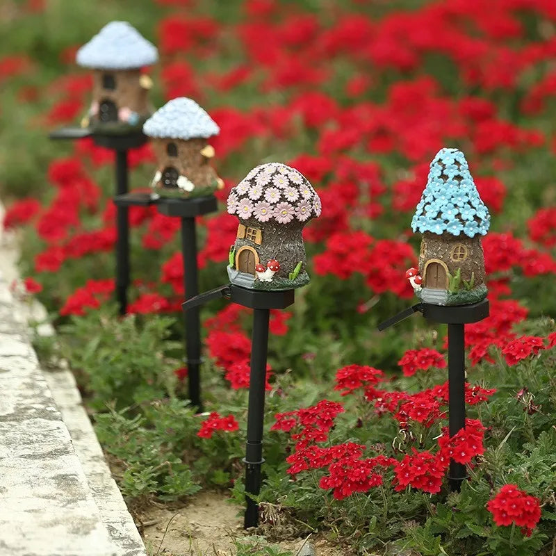 2025 New Cartoon Anime Resin Creative Mushroom House Outdoor Waterproof Ground Light Solar Garden Landscape Light