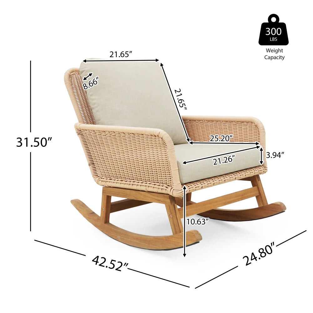 Modern 3-Piece Outdoor Seating Set with Beige Cushioned PE Rattan Rocking Chairs and Wooden Accent Table, Perfect for Patio