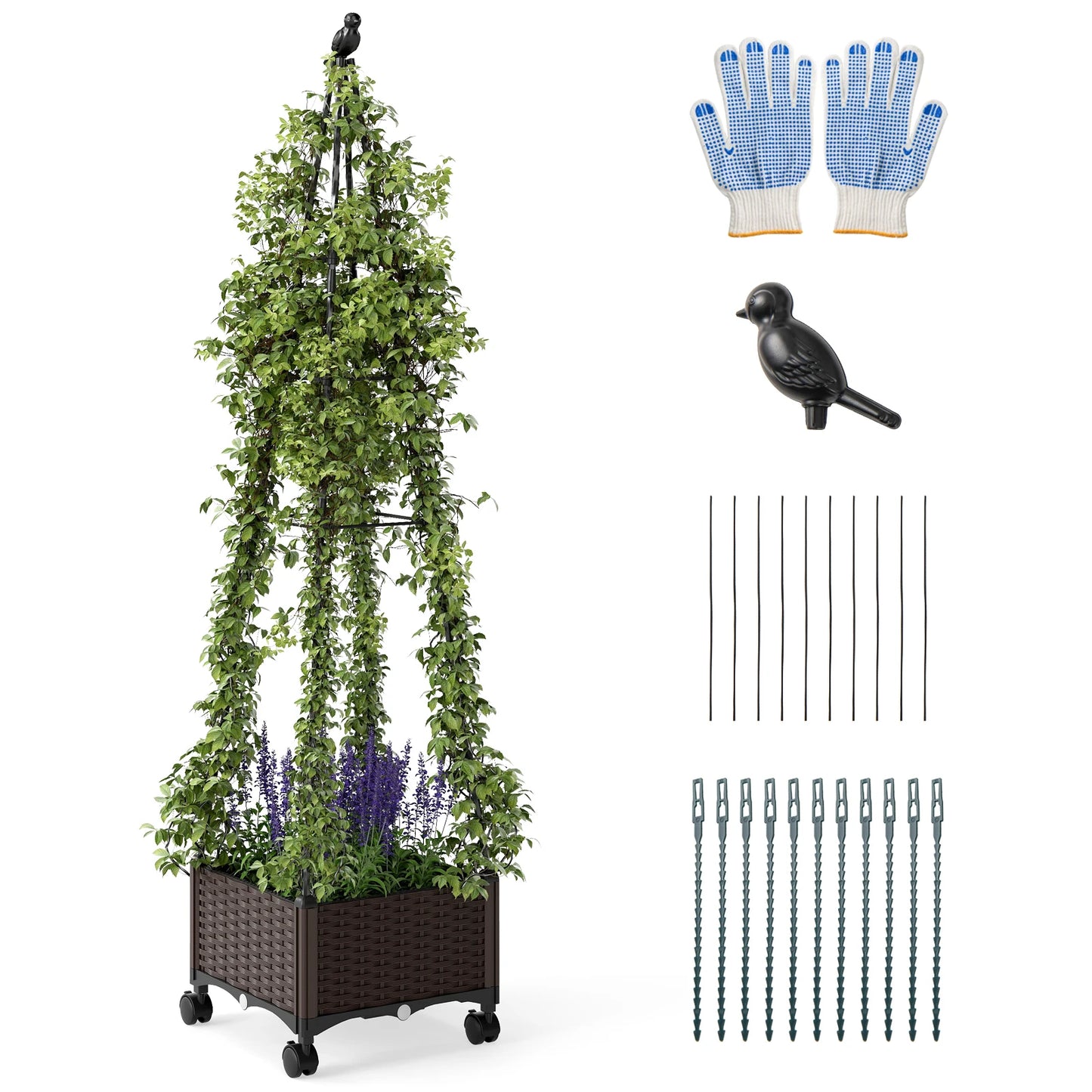 Raised Garden Bed w/ Plant Box & Obelisk Trellis Lockable Wheels Cage Planter