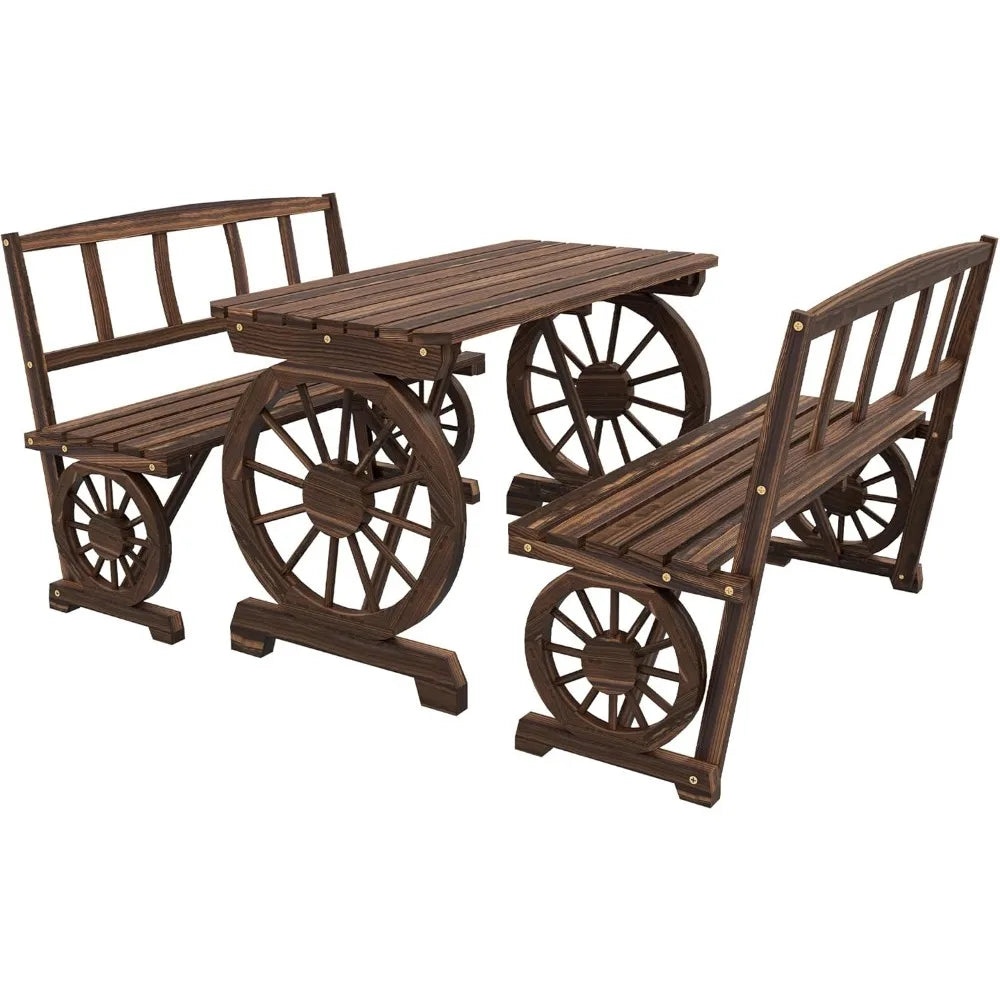 Outdoor Table and Chairs for 4 People, Wooden Patio Table and Dining Bench Set, 3 Piece All Weather Furniture Set
