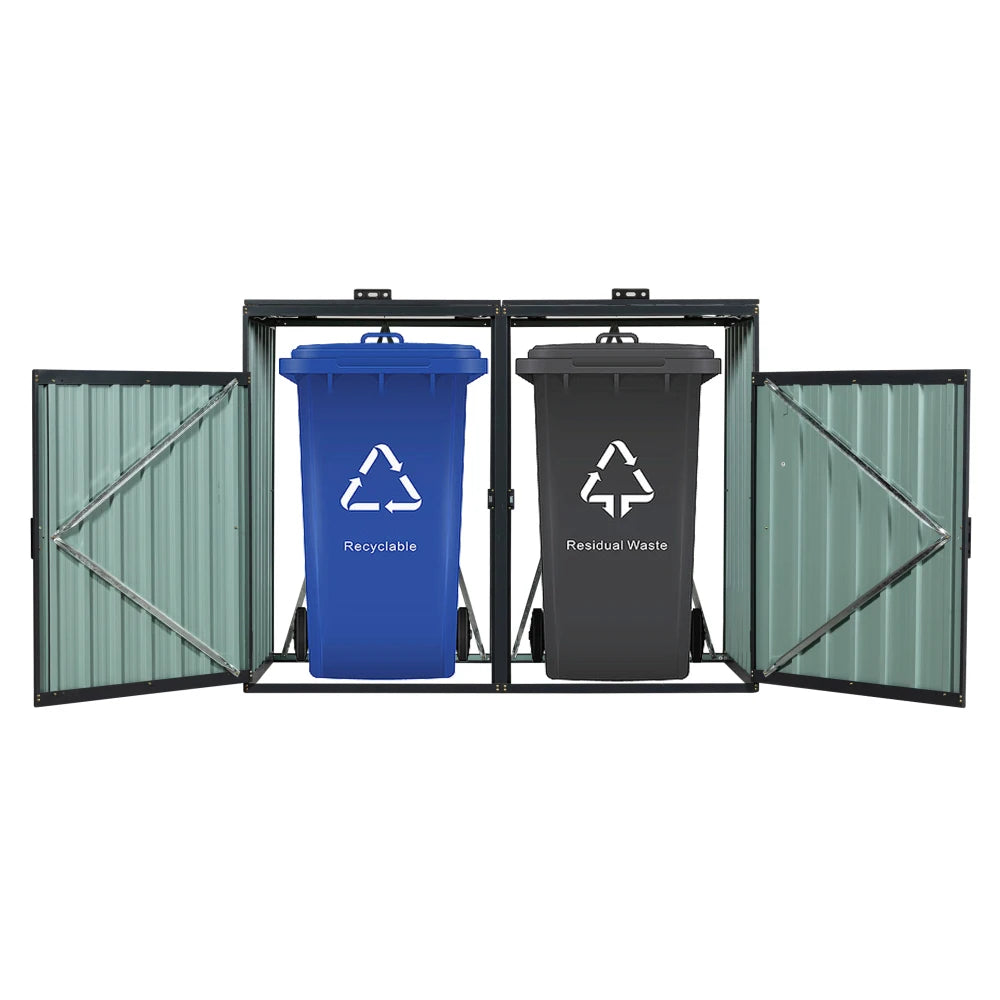 Garbage Bin Shed Stores 2 Trash Cans Metal Outdoor Bin Shed for Garbage Storage,Stainless Galvanized Steel, Bin Shed for Lawn
