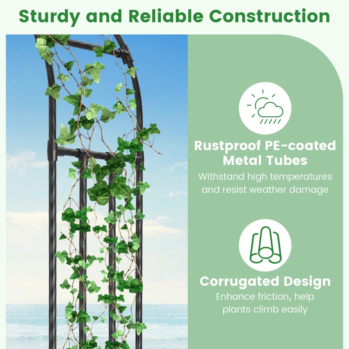 95" Garden Arch Trellis w/PE Wrapped Metal Pipes Ground Stakes Spiral Rods Design