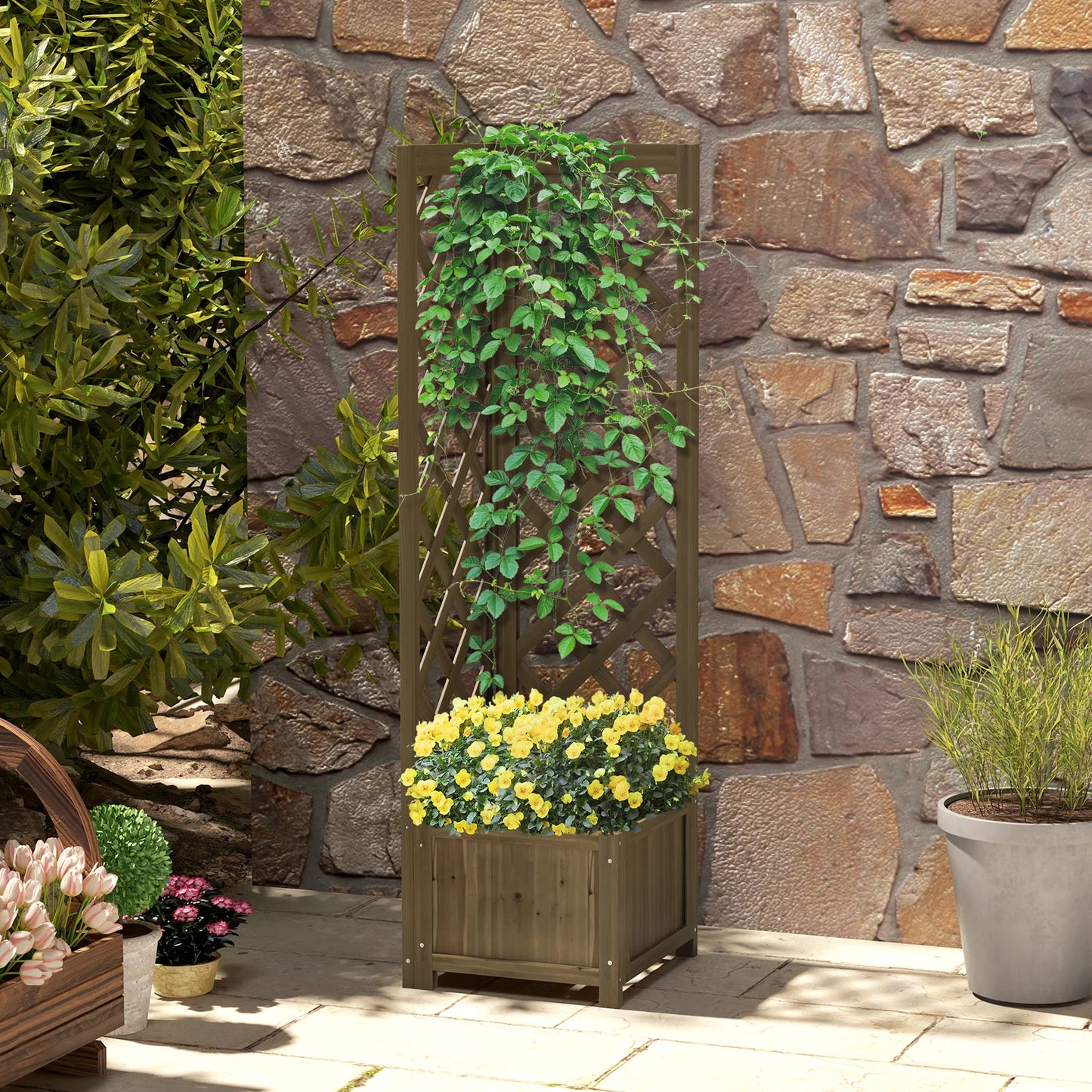 Outsunny Wooden Raised Garden Bed with Trellis, 57" Freestanding Corner Planter Box for Vine Plants Flowers Climbing