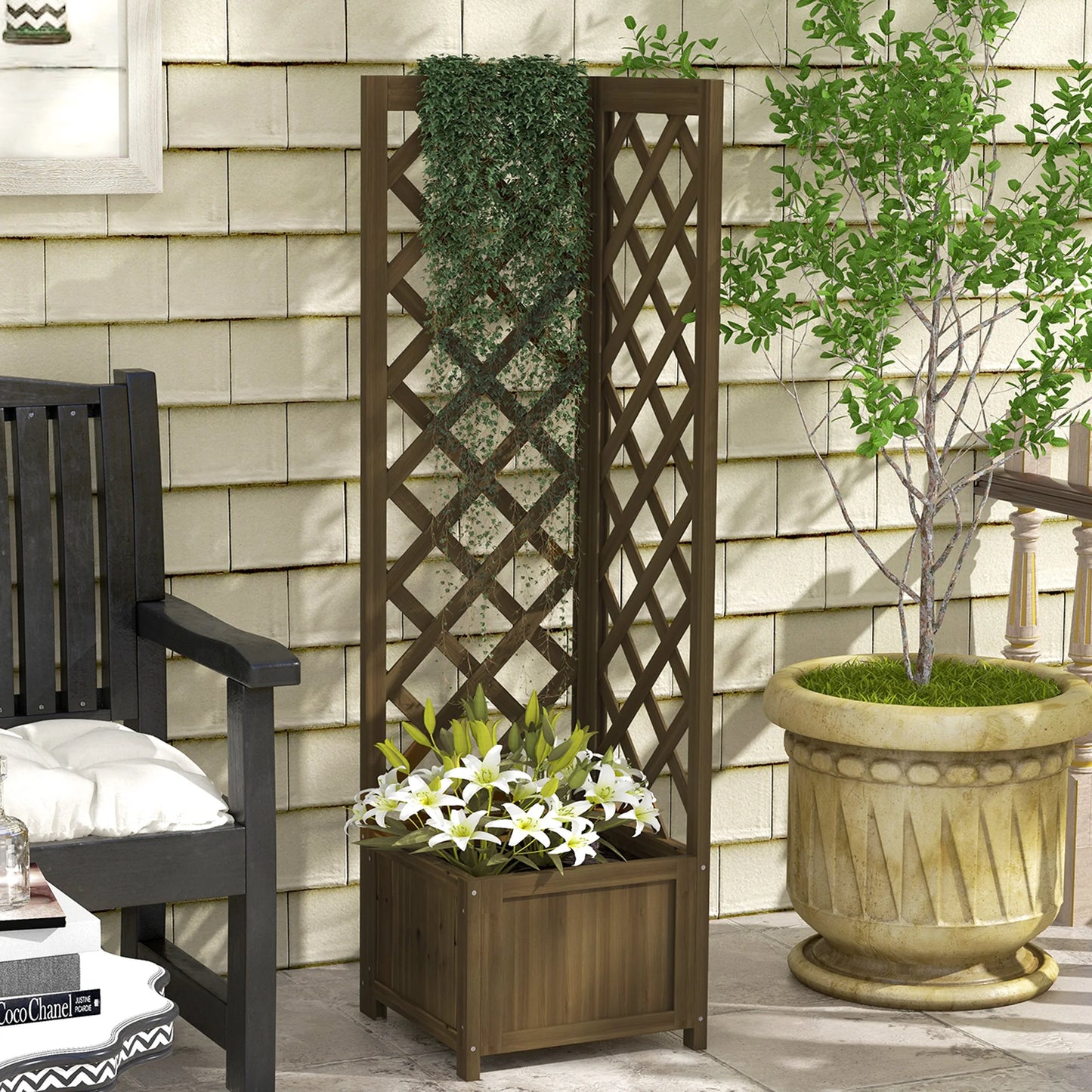 Outsunny Wooden Raised Garden Bed with Trellis, 57" Freestanding Corner Planter Box for Vine Plants Flowers Climbing