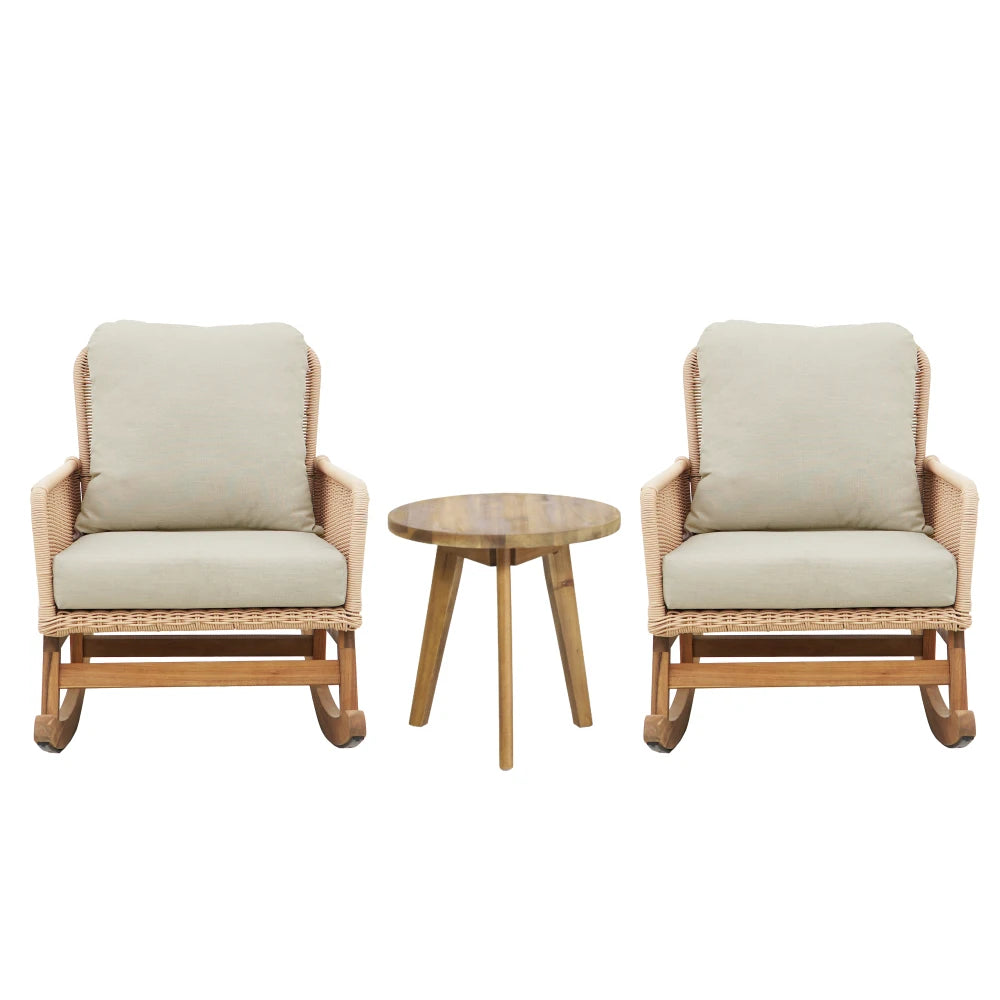 Modern 3-Piece Outdoor Seating Set with Beige Cushioned PE Rattan Rocking Chairs and Wooden Accent Table, Perfect for Patio