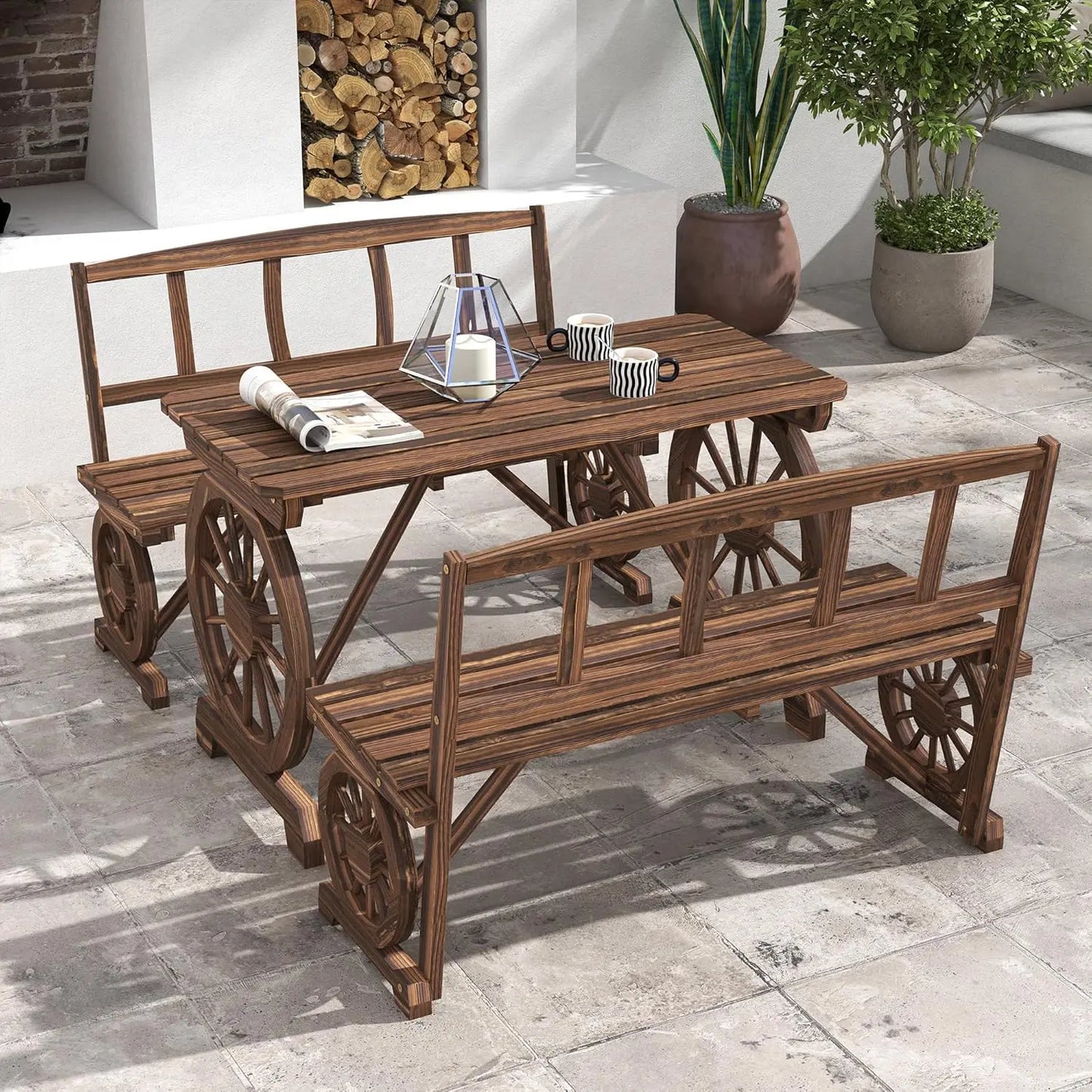 Outdoor Table and Chairs for 4 People, Wooden Patio Table and Dining Bench Set, 3 Piece All Weather Furniture Set