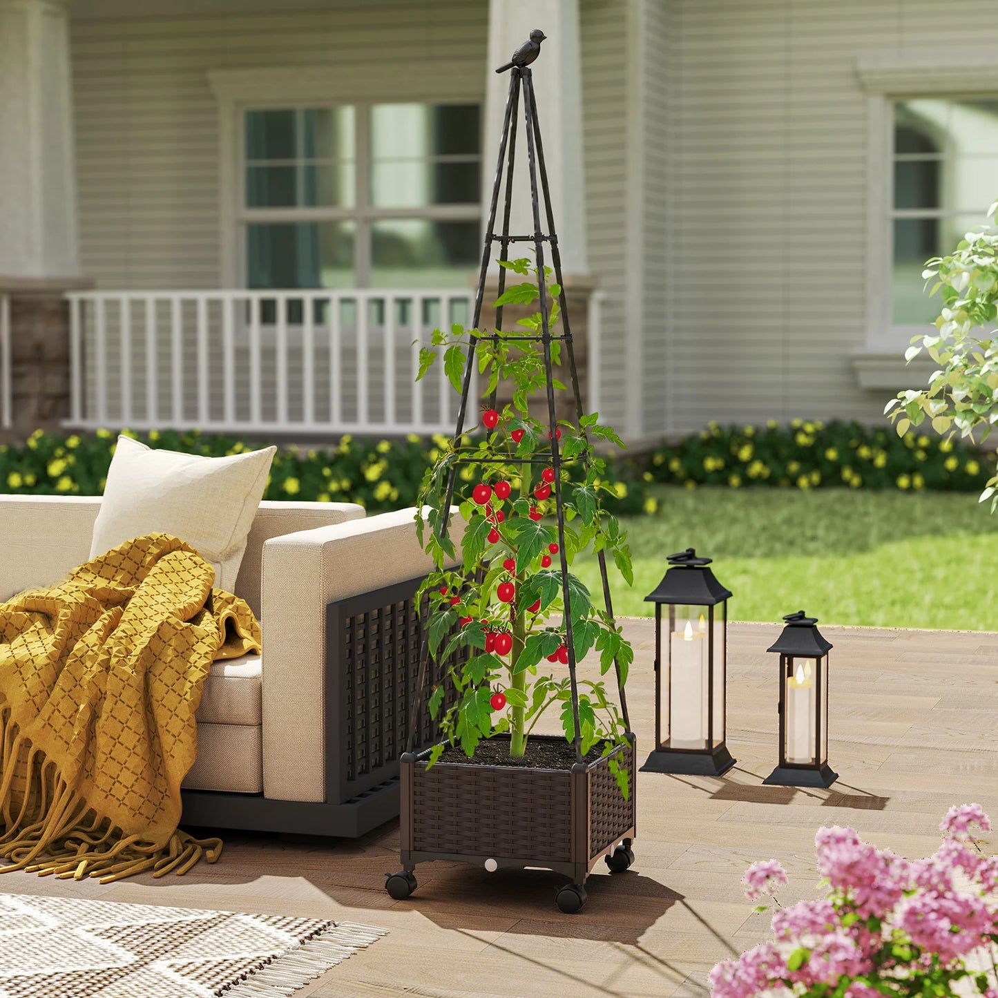 Raised Garden Bed w/ Plant Box & Obelisk Trellis Lockable Wheels Cage Planter