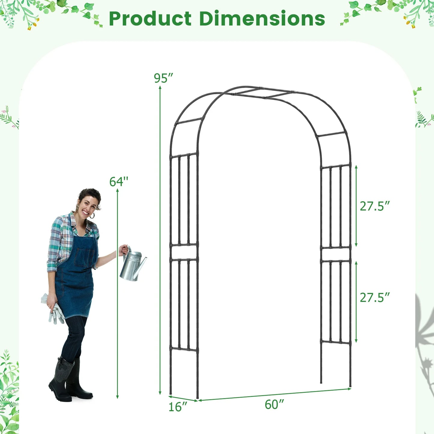 95" Garden Arch Trellis w/PE Wrapped Metal Pipes Ground Stakes Spiral Rods Design