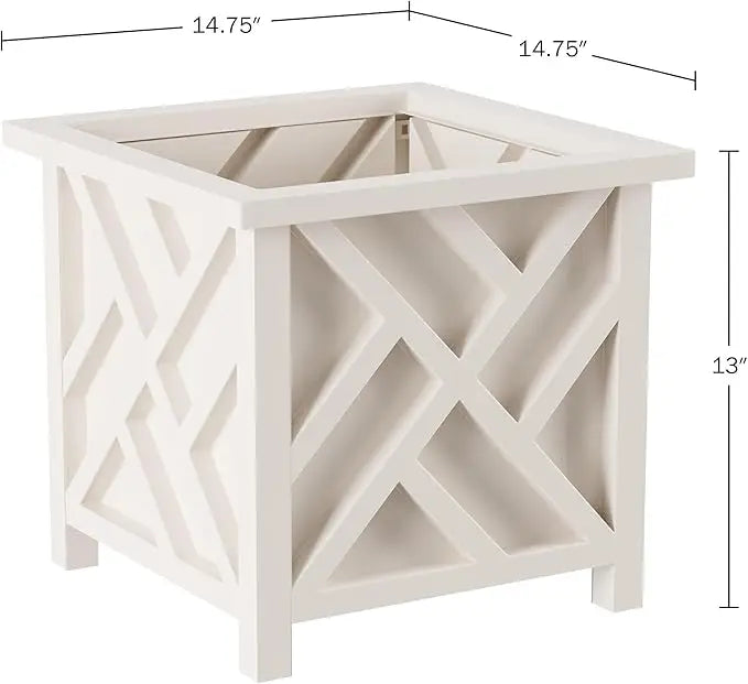 14.75" Square Lattice Planter, 13" Tall, White Outdoor Decor