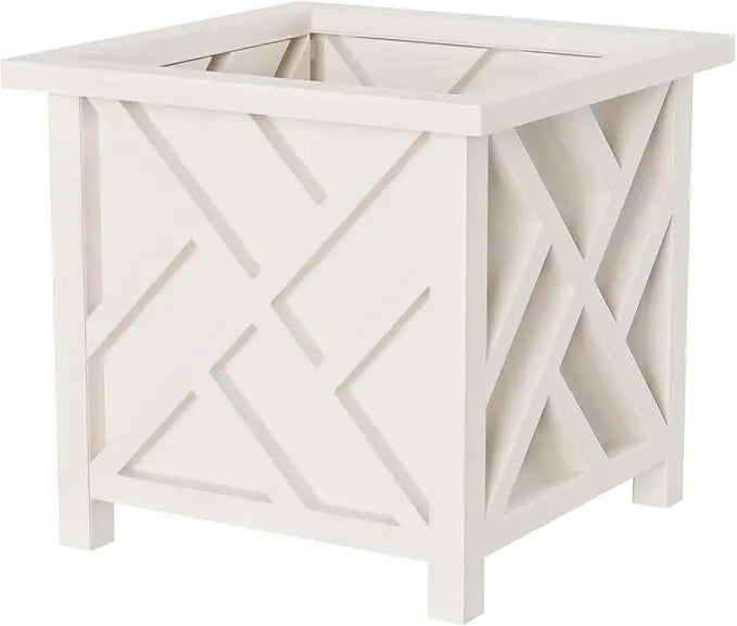 14.75" Square Lattice Planter, 13" Tall, White Outdoor Decor