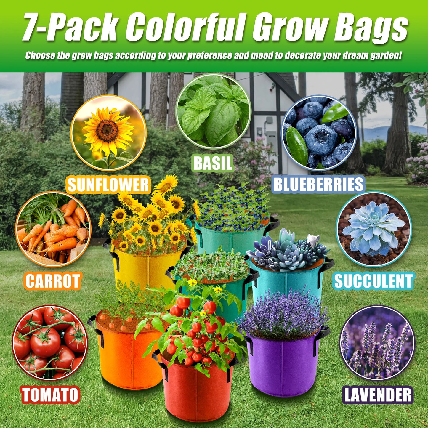 5 Gallon Grow Bags, 7 Pack Colorful Fabric Plant Pots with Handles for Garden and Outdoor Planting