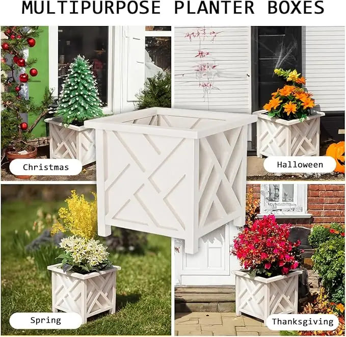 14.75" Square Lattice Planter, 13" Tall, White Outdoor Decor