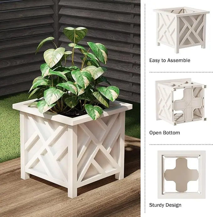 14.75" Square Lattice Planter, 13" Tall, White Outdoor Decor