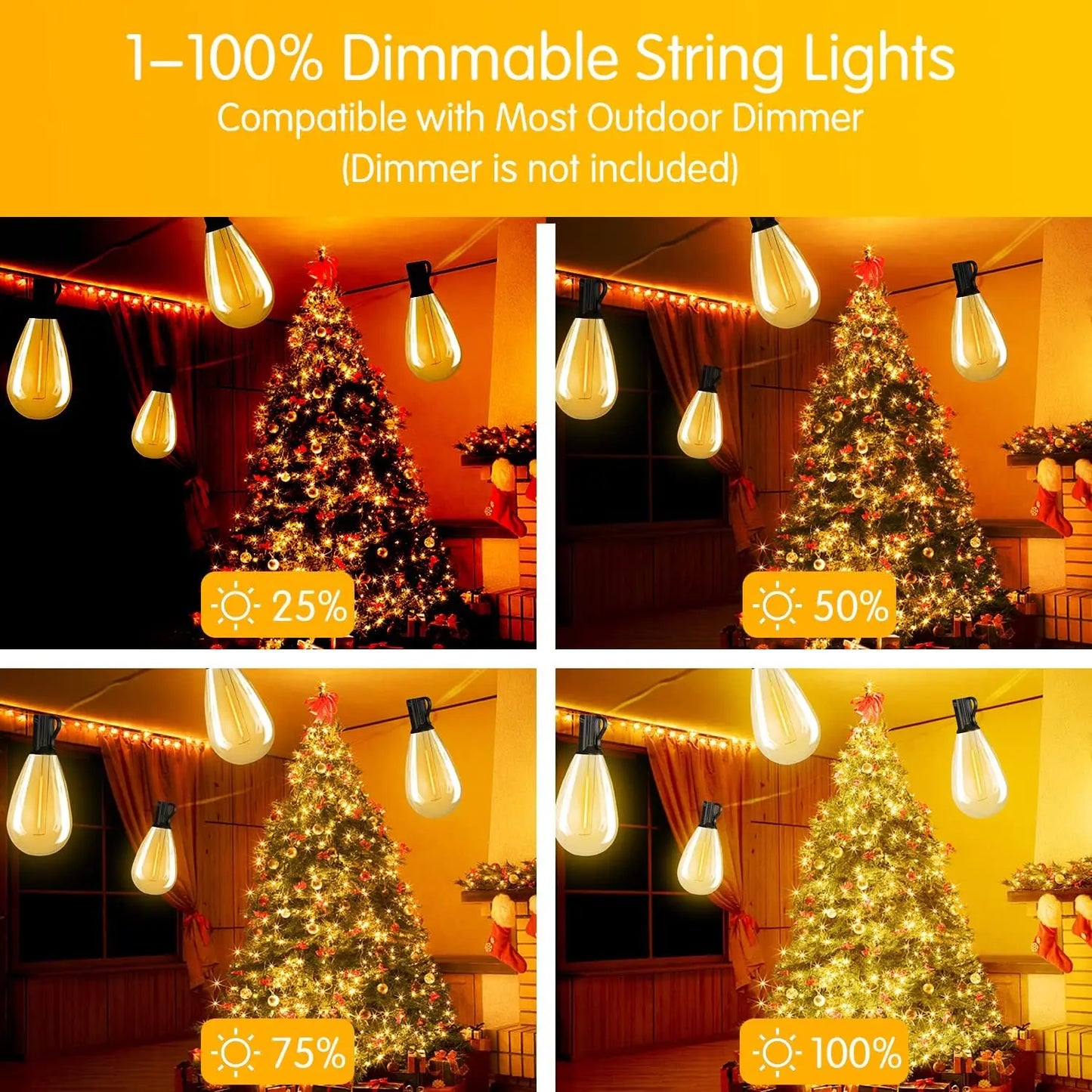 50FT, S14 LED Patio Lights With 25 Edison Vintage Bulbs, Connectable Outdoor String Lights For Porch Backyard Bistro, IP65