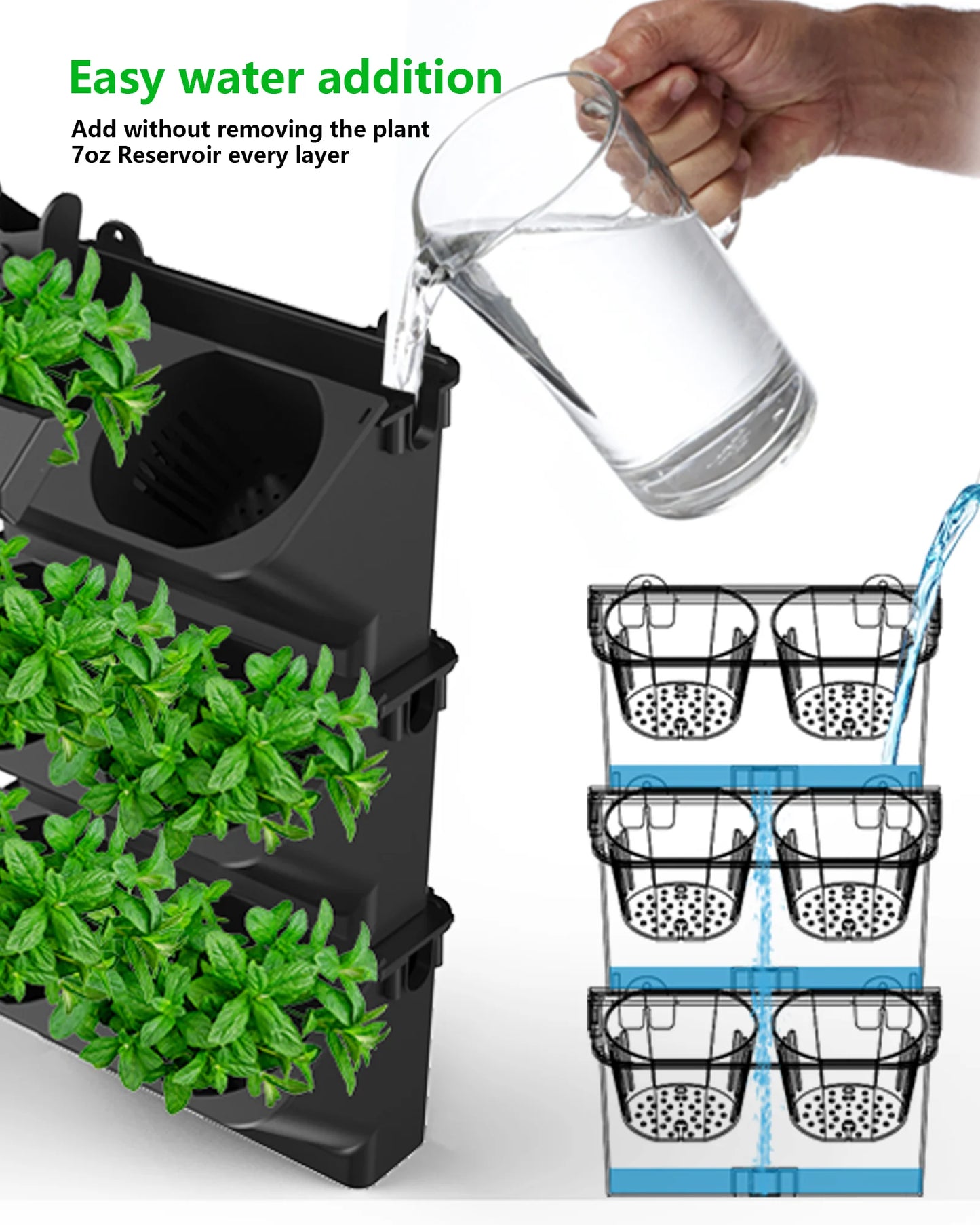 6 Pots Self-Watering Wall-mounted Wick System Planter for Indoor Outdoor Plants Herbs Adjustable Grow Light Garden Flower Pot