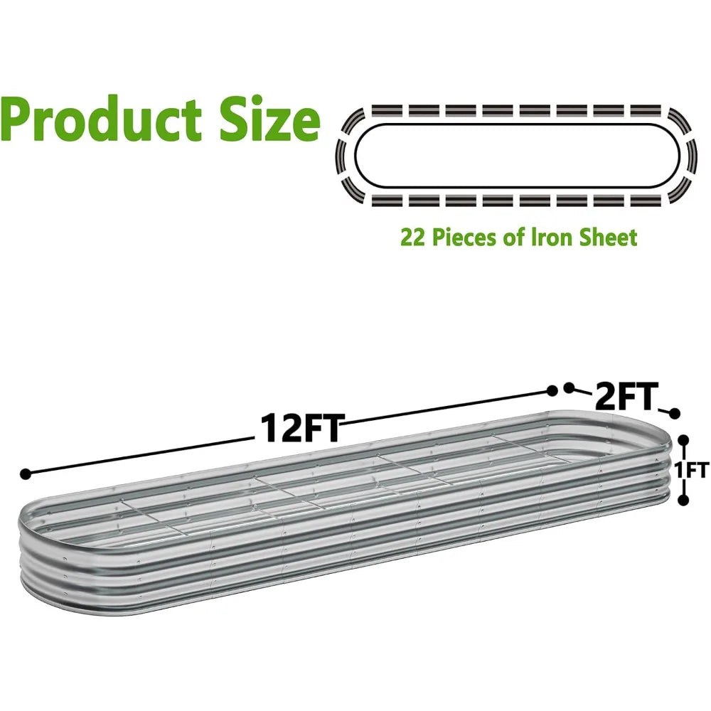 2 Pack Galvanized Raised Garden Bed Metal Oval Raised Garden Beds Outdoor Planter Box for Vegetables (12x2x1FT, Silver)