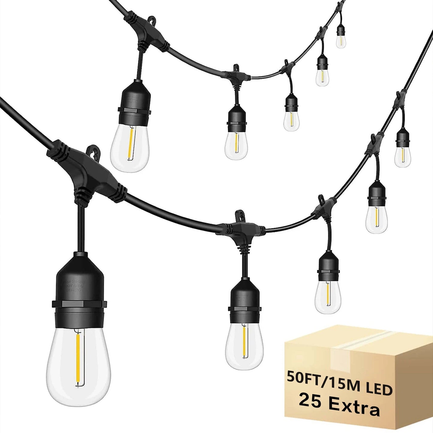 50FT, S14 LED Patio Lights With 25 Edison Vintage Bulbs, Connectable Outdoor String Lights For Porch Backyard Bistro, IP65