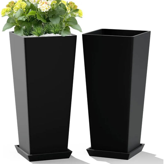 Set of 2 Large Tall Planter for Indoor or Outdoor 24" Tall Flower Pots Tapered Tall Planters with Tray for Porch, Patio