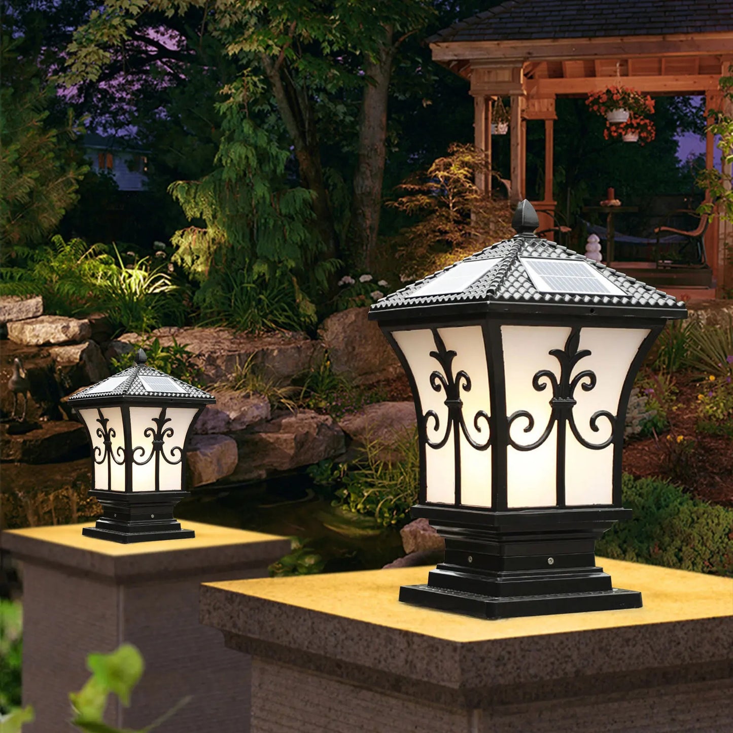 Solar Powered Post Light LED Pillar Light Garden Lawn Outdoor Black Waterproof Decor Lamp Garden Lantern