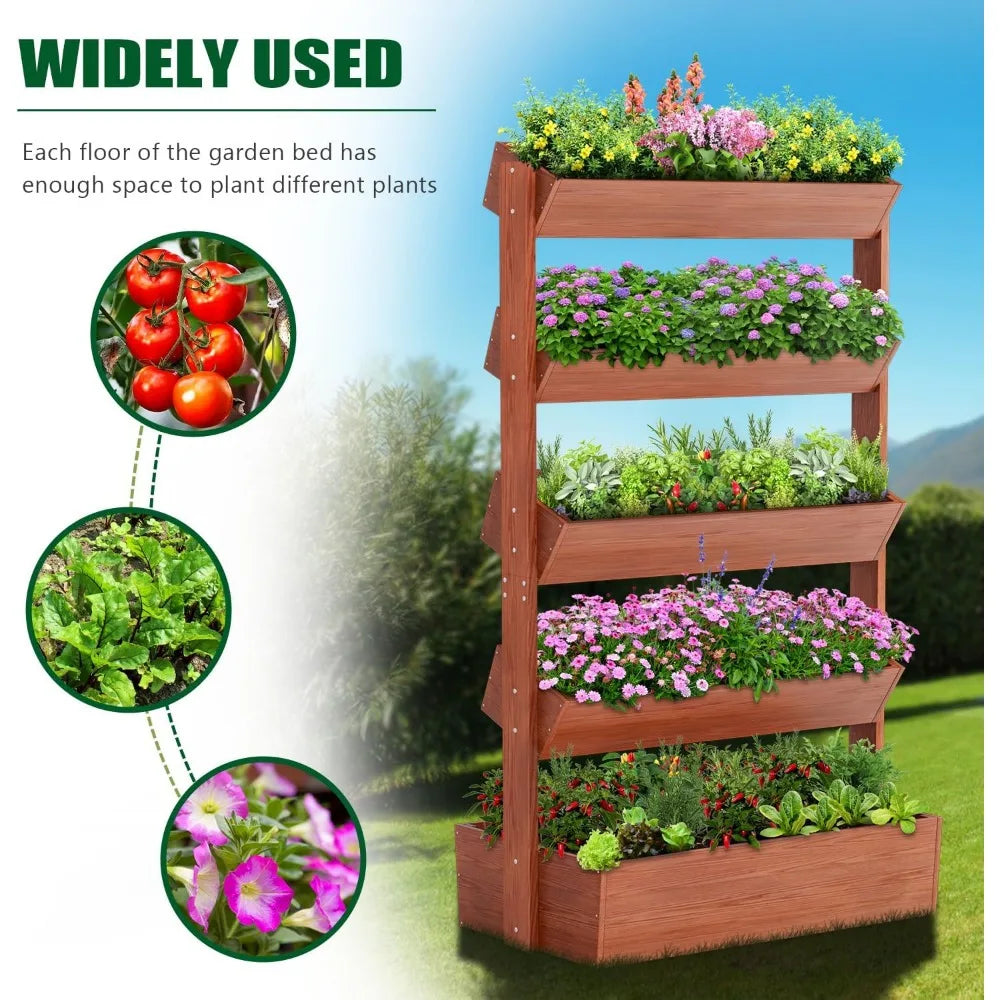SUNYRISY 5 Tiers Vertical Wooden Raised Garden Bed Outdoor, Freestanding Garden Planter Box Stand for Planting Herbs Flowers Veg