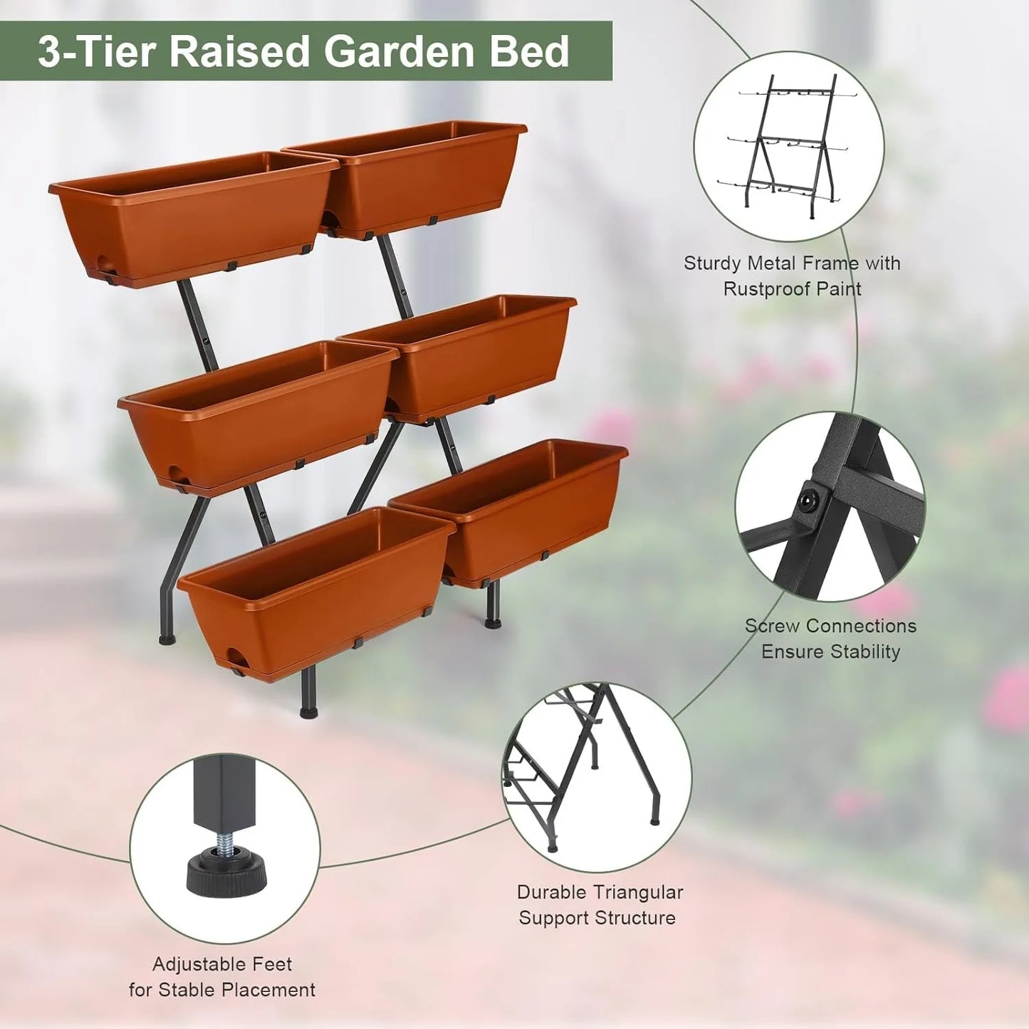 3-Tier Vertical Planter with 6 Boxes - Adjustable Raised Garden Bed for Herb/Flower/Vegetable, Indoor/Outdoor Patio/Balcony（Red）