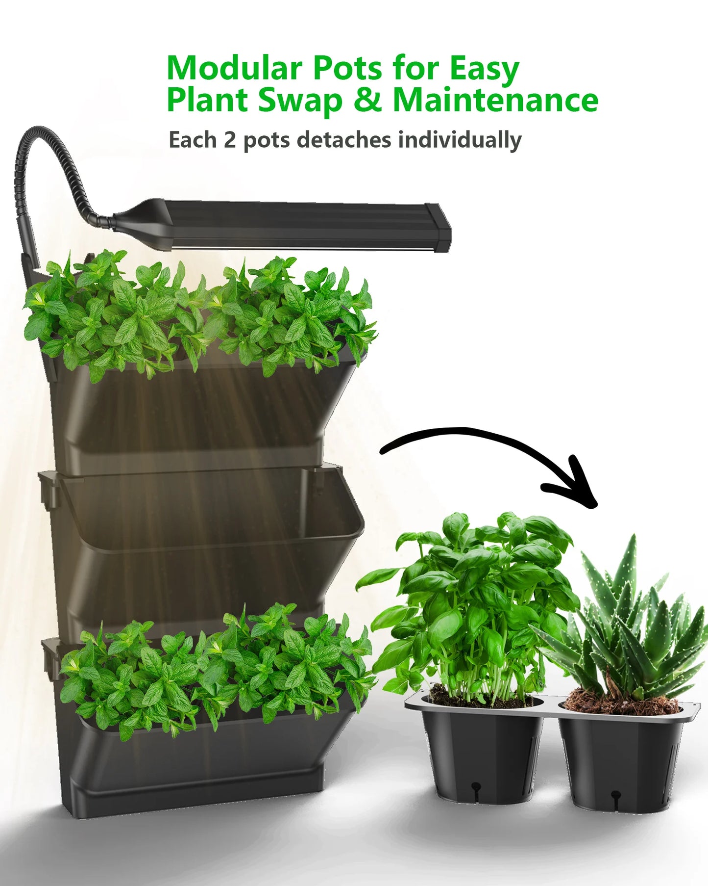 6 Pots Self-Watering Wall-mounted Wick System Planter for Indoor Outdoor Plants Herbs Adjustable Grow Light Garden Flower Pot