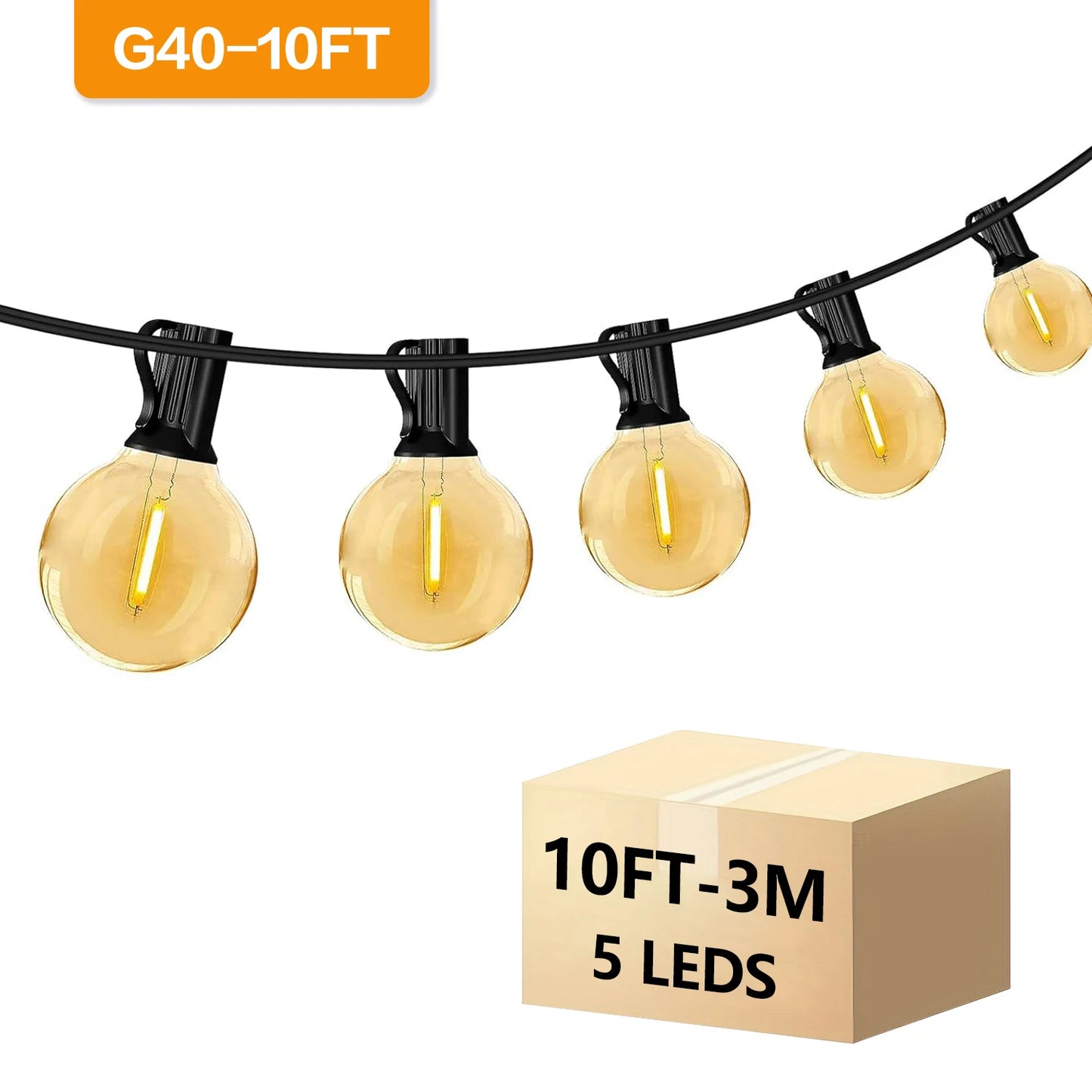 10 Feet Outdoor String Lights, G40 Spherical Led Garden Lights, 5 Edison Old-Fashioned Bulbs, Ip44 Grade Waterproof, Weather-Resistant Materials, Can Be Connected, Outdoor Decoration for Courtyard Porch and Small Restaurants, Christmas, Halloween, New Yea
