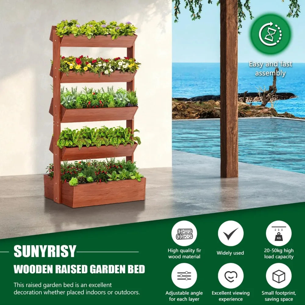 SUNYRISY 5 Tiers Vertical Wooden Raised Garden Bed Outdoor, Freestanding Garden Planter Box Stand for Planting Herbs Flowers Veg